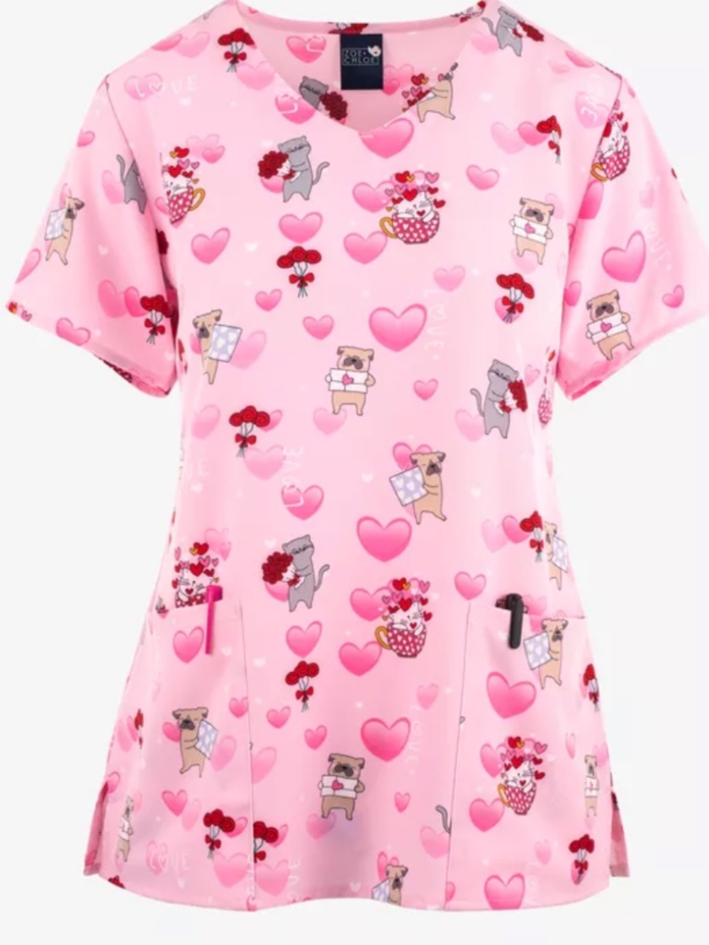 Zoe & Chloe Valentine's Day Rosie Posey Paws V-Neck Scrub Top